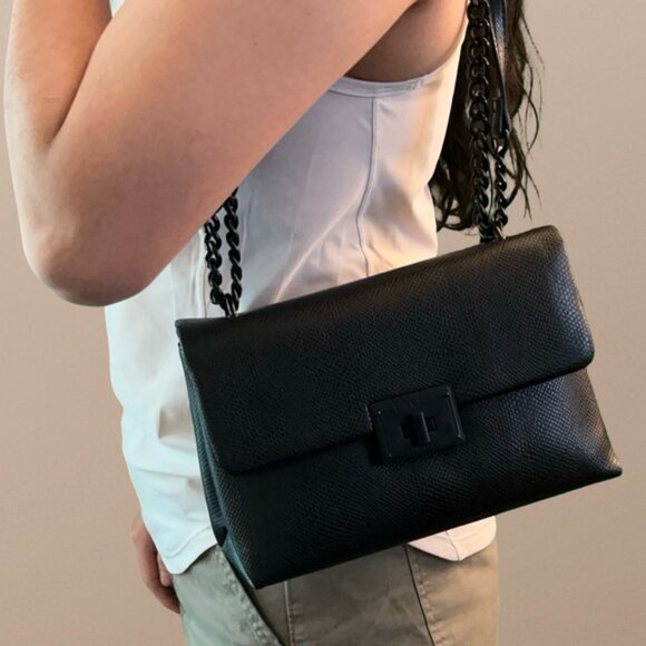 Crossbody Purse Black Shoulder Chain Bag Snakeskin Faux Leather Nicole Miller - Picture 1 of 4